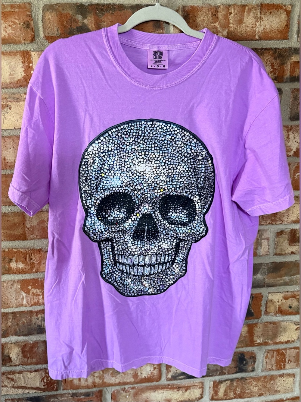 Comfort Colors Neon Violet Short Sleeve Tee with Faux Rhinestone Skull Graphic